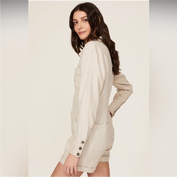 Rivet Utility Linen Romper/Oatmeal Line Beige/long sleeve/ Pocket Front - Picture 4 of 14